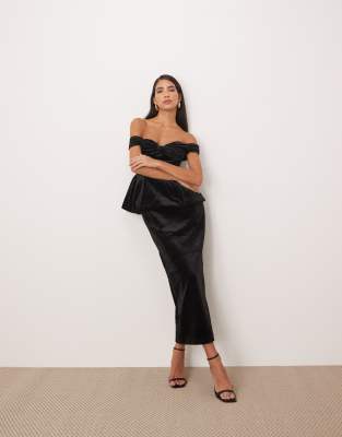 Arrange Velvet Off Shoulder Maxi Dress With Ruched Bodice And Column Skirt In Black