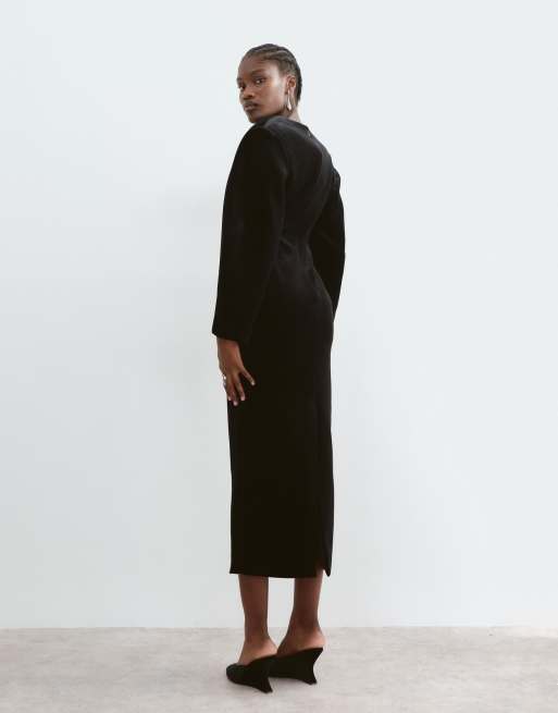 ARRANGE velvet ovoid sleeve V neck maxi dress in black, 3 of 5