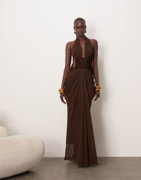 ARRANGE velvet plunge halter cinch waist maxi dress with train in chocolate