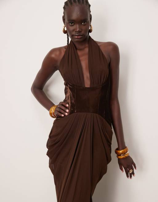 ARRANGE velvet plunge halter cinch waist maxi dress with train in chocolate
