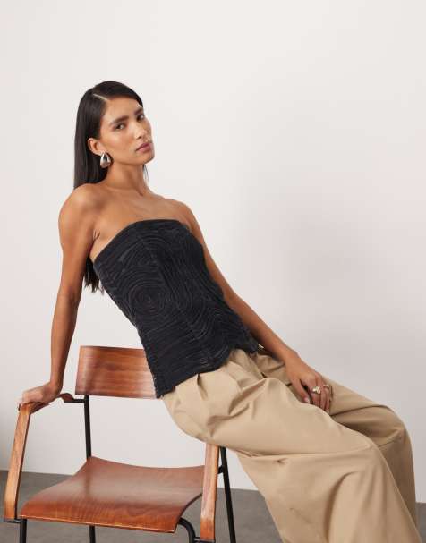 ARRANGE velvet rouleau embroidered bandeau top in petrol