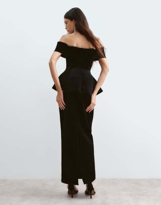 ARRANGE velvet structured off the shoulder maxi dress in black, 3 of 5