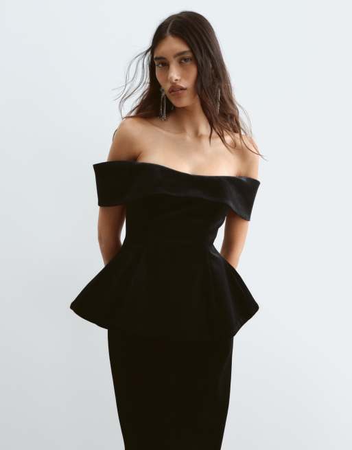 ARRANGE velvet structured off the shoulder maxi dress in black, 4 of 5
