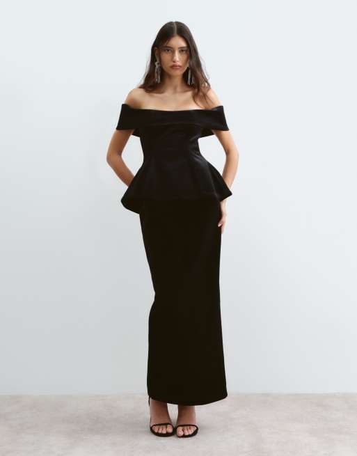 ARRANGE velvet structured off the shoulder maxi dress in black, 5 of 5