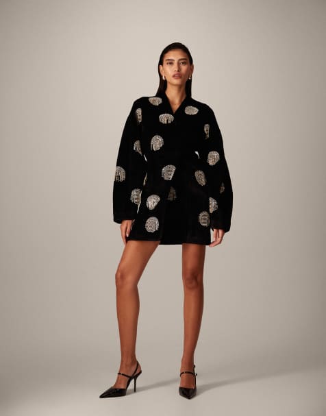 ARRANGE velvet wrap mini dress with spot embellishment in black