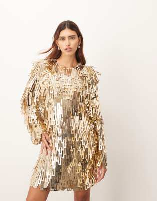 ARRANGE - Verziertes langärmeliges Minikleid aus goldfarbenen Paillettenfransen