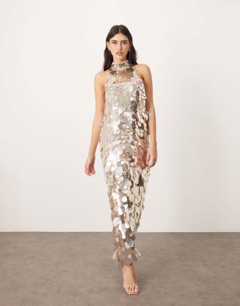 ARRANGE – Verziertes Maxikleid in Silber mit Scheibenpailletten und hohem Kragen - view 1