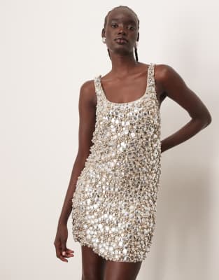 ARRANGE - Verziertes Minikleid in strukturiertem Silber mit U-Ausschnitt und lockerer Passform