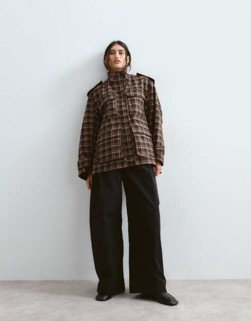 ARRANGE veste cargo oversize à col cheminée à carreaux chocolat, 3 de 4