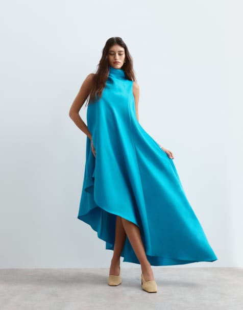 ARRANGE - vestido asimétrico con cuello desbocado en turquesa - view 1
