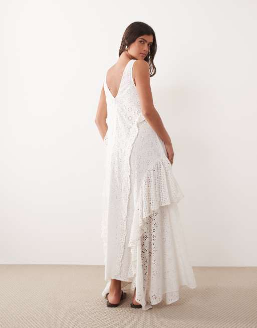 ARRANGE - Vestido largo blanco con cuello de pico y volantes con bordado inglés, 4 de 4
