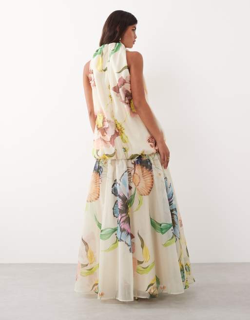 ARRANGE - Vestido largo con estampado floral botánico de organza, 4 de 4