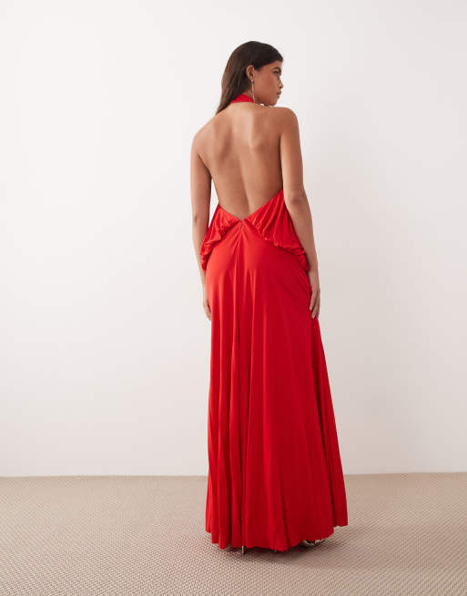 ARRANGE - Vestido largo rojo con cuello halter, espalda baja y cuerpo estilo blusón, 4 de 4