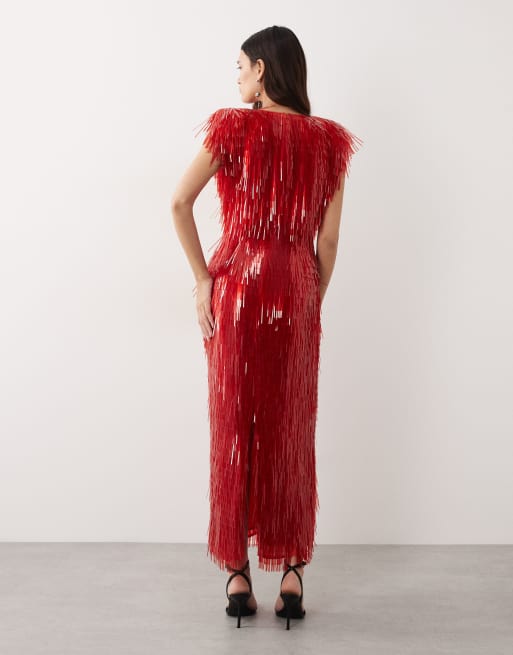 ARRANGE - Vestido largo rojo con hombreras de lentejuelas alargadas, 4 de 4