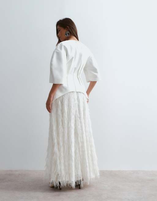 ARRANGE - vestido midaxi blanco con manga abombada híbrida, flecos y falda, 4 de 4