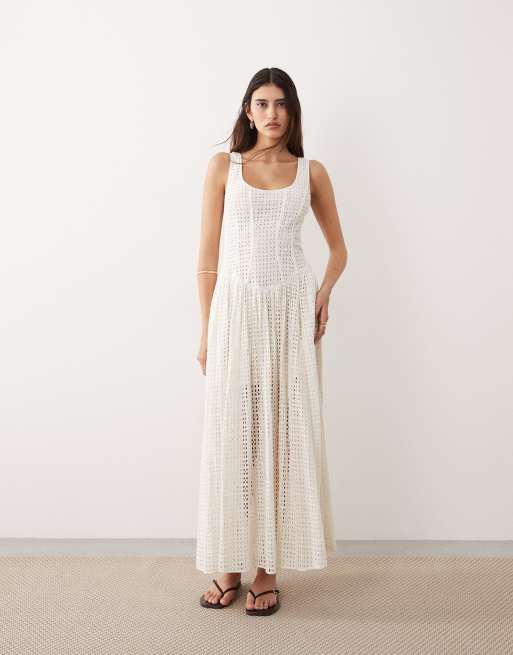 ARRANGE - Vestido midi blanco con bordado inglés y cintura baja, 4 de 4