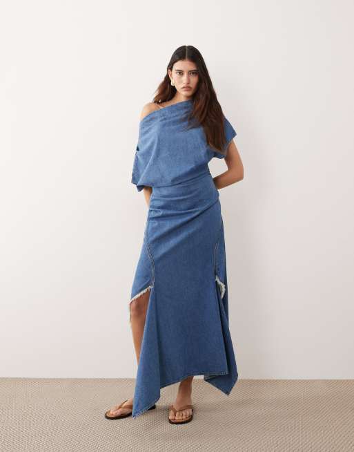 ARRANGE - Vestido vaquero largo azul con lavado medio y diseño drapeado, 2 de 4