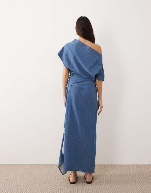 ARRANGE - Vestido vaquero largo azul con lavado medio y diseño drapeado, 4 de 4