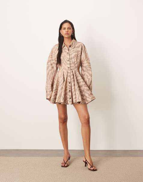 ARRANGE - Vestito camicia corto con stampa tigrata neutra, gonna ampie e cuciture - view 1