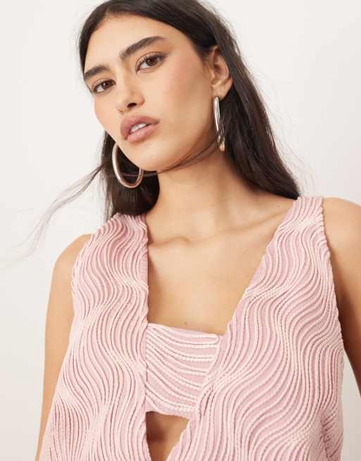 ARRANGE - Vestito corto rosa confetto testurizzato a onde con scollo profondo, 3 di 4
