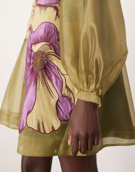 ARRANGE - Vestito corto svasato con maniche voluminose con fiori applicati verde, 4 di 4