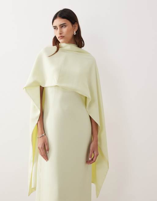 ARRANGE - Vestito lungo a colonna con strato sovrapposto a mantella color limone chiaro, 3 di 4