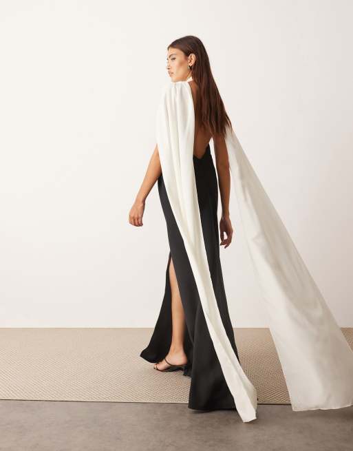 ARRANGE - Vestito lungo a colonna in crêpe con drappeggio posteriore bianco e nero a contrasto, 2 di 4