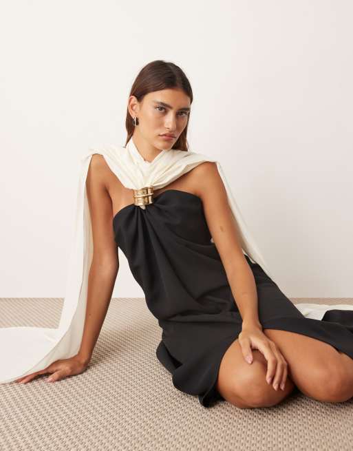 ARRANGE - Vestito lungo a colonna in crêpe con drappeggio posteriore bianco e nero a contrasto, 4 di 4