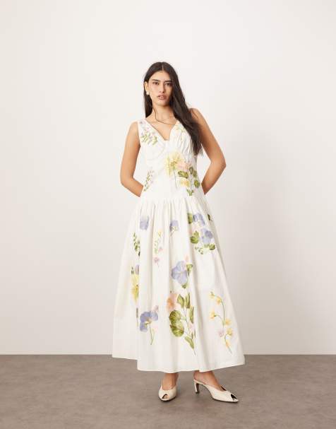 ARRANGE - Vestito lungo a corsetto in cotone bianco a fiori - view 1