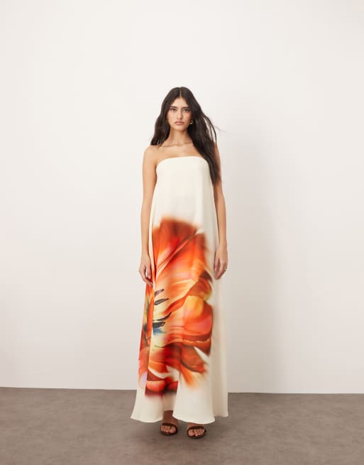 ARRANGE - Vestito lungo a fascia con corsetto interno strutturato e gonna a colonna con stampa floreale oversize