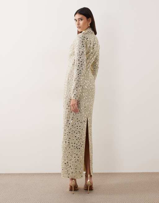 ARRANGE - Vestito lungo a maniche lunghe accollato testurizzato con paillettes color latticello, 4 di 4