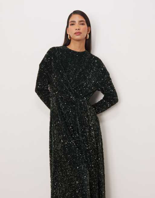 ARRANGE - Vestito lungo a maniche lunghe verde foresta con paillettes su tutto il capo, 4 di 4