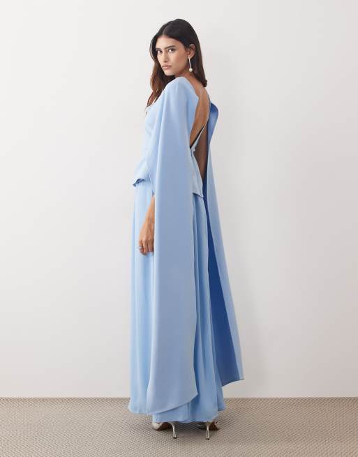 ARRANGE - Vestito lungo a pieghe color blu pallido con spalle drappeggiate, 4 di 4
