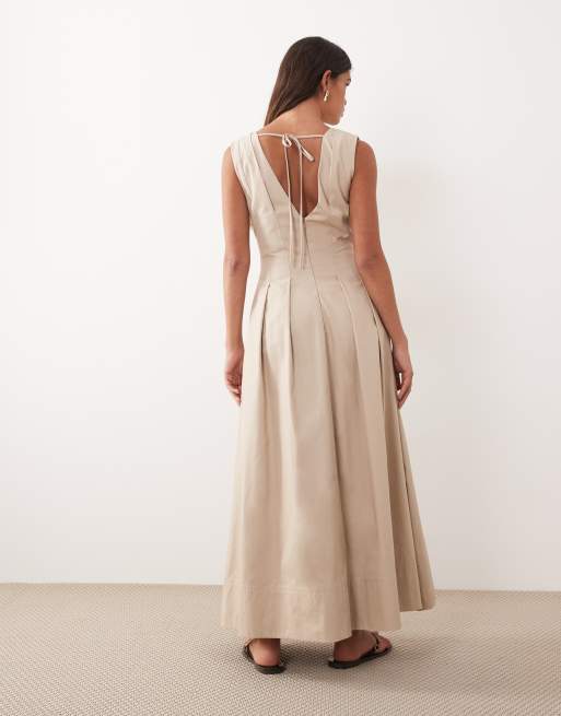 ARRANGE - Vestito lungo a pieghe stretto in vita color pietra, 2 di 4