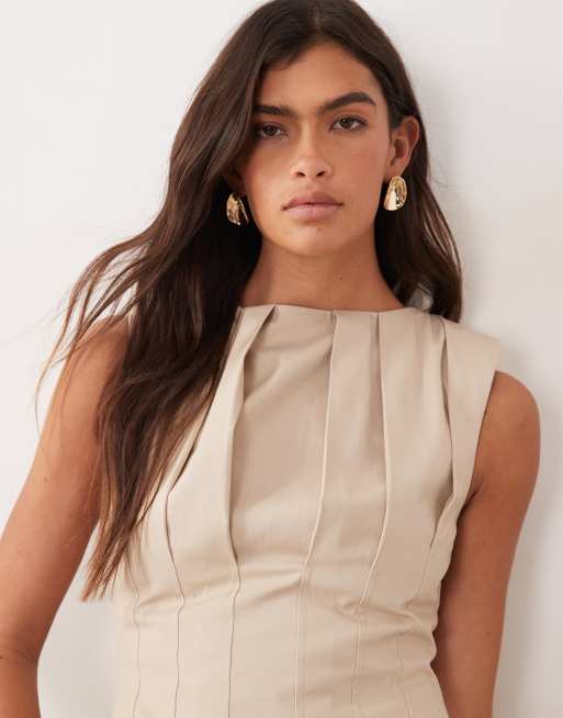 ARRANGE - Vestito lungo a pieghe stretto in vita color pietra, 3 di 4