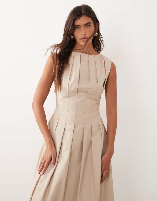 ARRANGE - Vestito lungo a pieghe stretto in vita color pietra, 4 di 4