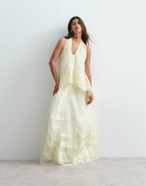 ARRANGE - Vestito lungo a trapezio allacciato al collo in organza giallo tenue con scollo rotondo e ricamo lineare - view 1