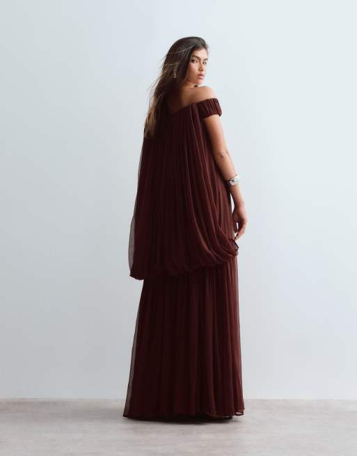 ARRANGE - Vestito lungo a trapezio color cioccolato con scollo alla Bardot e retro con mantella, 4 di 4