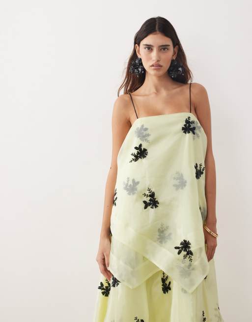 ARRANGE - Vestito lungo a trapezio in organza giallo con decorazioni floreali, 2 di 4