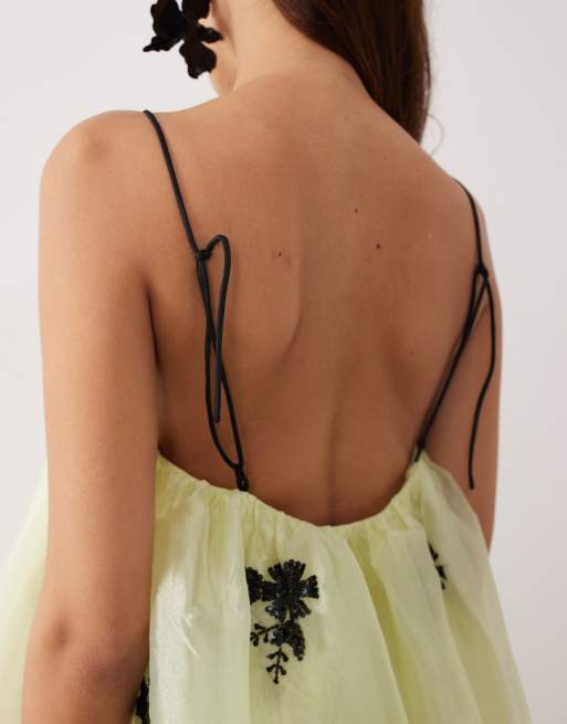 ARRANGE - Vestito lungo a trapezio in organza giallo con decorazioni floreali, 3 di 4