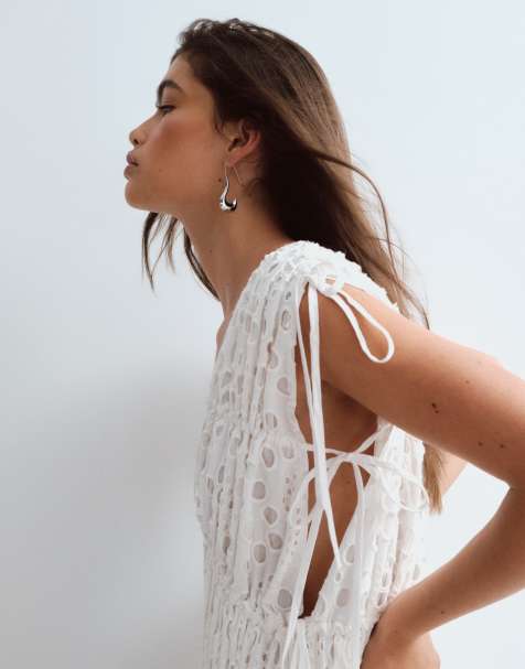 ARRANGE - Vestito lungo a trapezio in pizzo bianco con coulisse - view 1