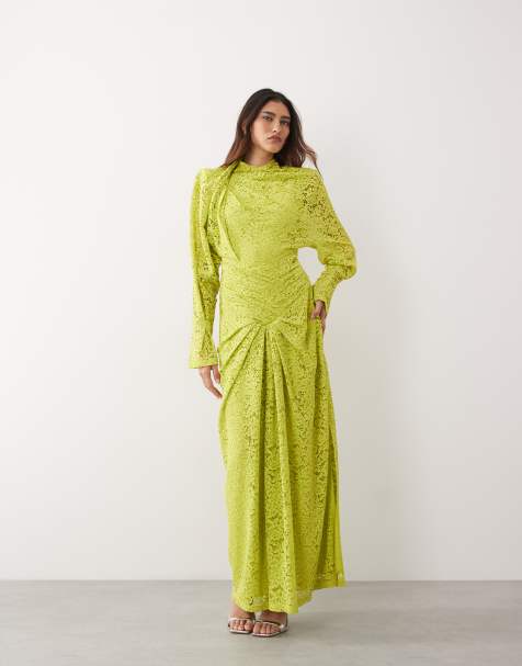 ARRANGE - Vestito lungo accollato arricciato in pizzo verde lime con vita stretta - view 1