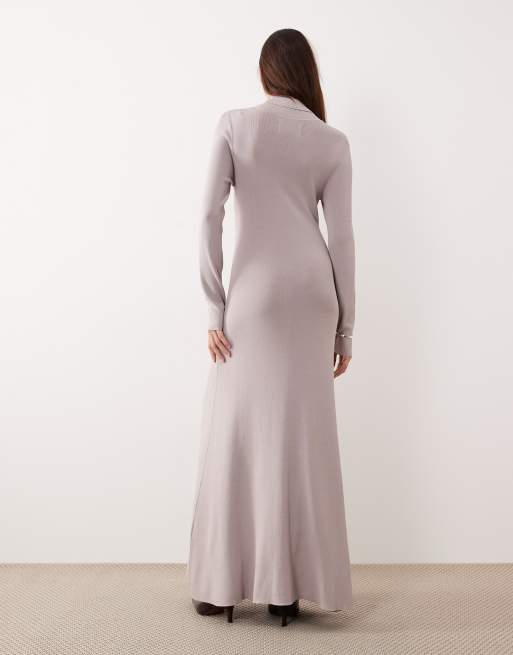 ARRANGE - Vestito lungo accollato in maglia compatta a coste grigio tenue, 2 di 4