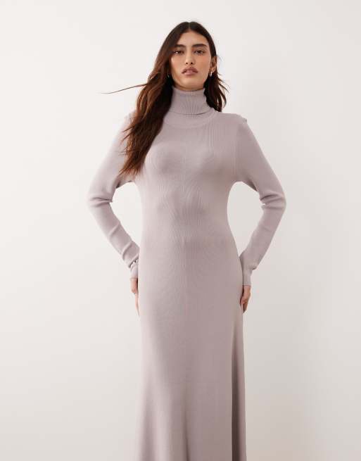ARRANGE - Vestito lungo accollato in maglia compatta a coste grigio tenue, 3 di 4