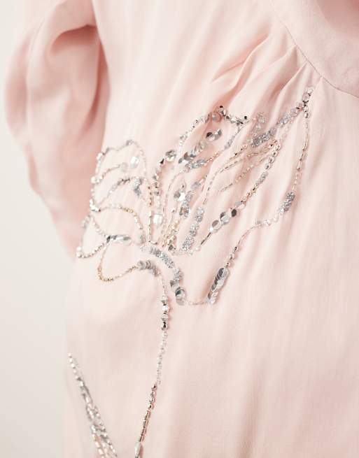 ARRANGE - Vestito lungo avvolgente rosa chiaro ampio con decorazioni floreali e scollo profondo, 3 di 4