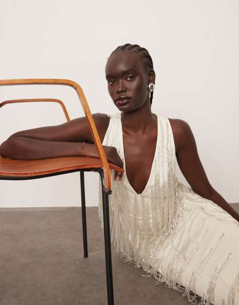 ARRANGE - Vestito lungo bianco inverno con spacchi, perline e frange - view 1