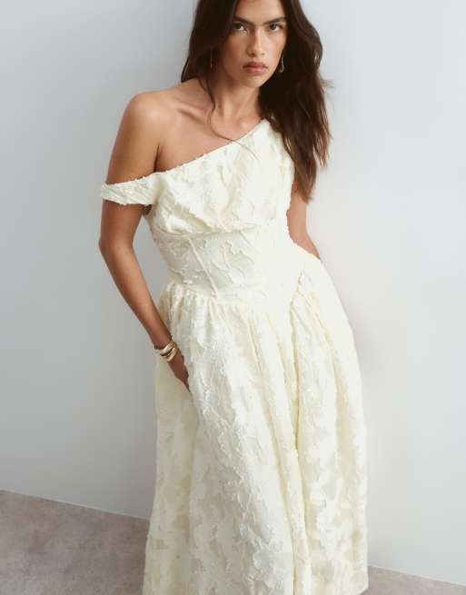 ARRANGE - Vestito lungo color latticello in jacquard con spalle scoperte e corsetto