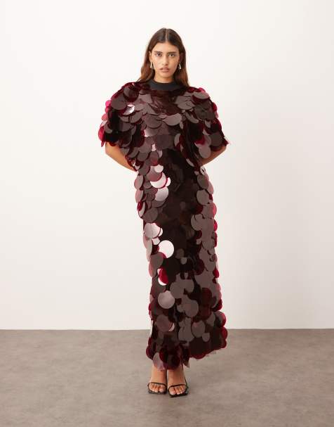 ARRANGE - Vestito lungo color merlot accollato con paillettes a disco e frange sul fondo - view 1