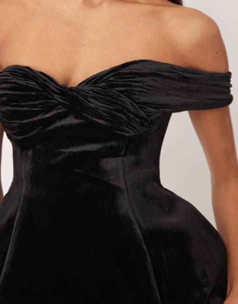 ARRANGE - Vestito lungo con spalle scese in velluto nero con corpetto arricciato e gonna dritta - view 1