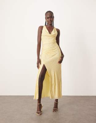 ARRANGE - Vestito lungo drappeggiato con dettaglio attorcigliato color limone decorato con cristalli